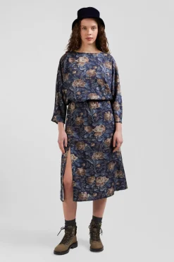 Robe en lyocell bleu marine manches longues à imprimé floral