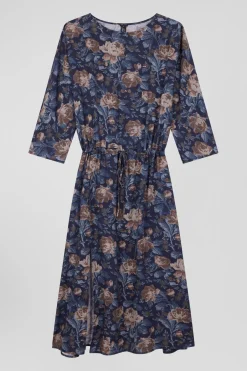 Robe en lyocell bleu marine manches longues à imprimé floral
