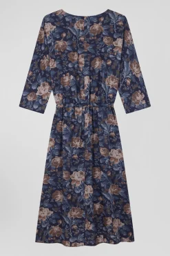 Robe en lyocell bleu marine manches longues à imprimé floral