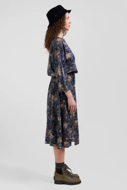 Robe en lyocell bleu marine manches longues à imprimé floral