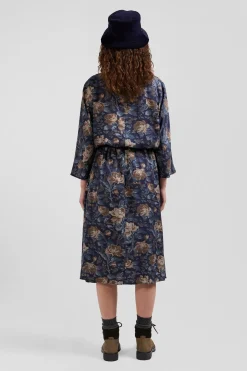 Robe en lyocell bleu marine manches longues à imprimé floral