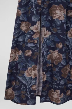 Robe en lyocell bleu marine manches longues à imprimé floral