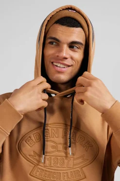 Sweatshirt à capuche en coton mélangé camel broderie matelassée coupe Relaxed