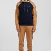 Sweatshirt à capuche en molleton marine et camel cordons de serrage siglés coupe Relaxed