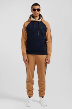 Sweatshirt à capuche en molleton marine et camel cordons de serrage siglés coupe Relaxed