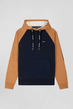 Sweatshirt à capuche en molleton marine et camel cordons de serrage siglés coupe Relaxed