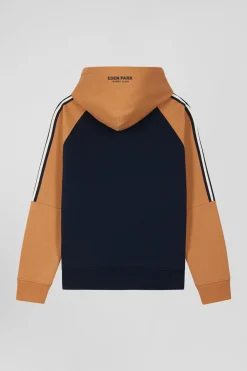 Sweatshirt à capuche en molleton marine et camel cordons de serrage siglés coupe Relaxed
