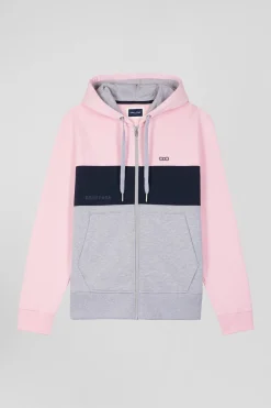 Sweatshirt à capuche zippé colorblock en coton rose coupe Regular