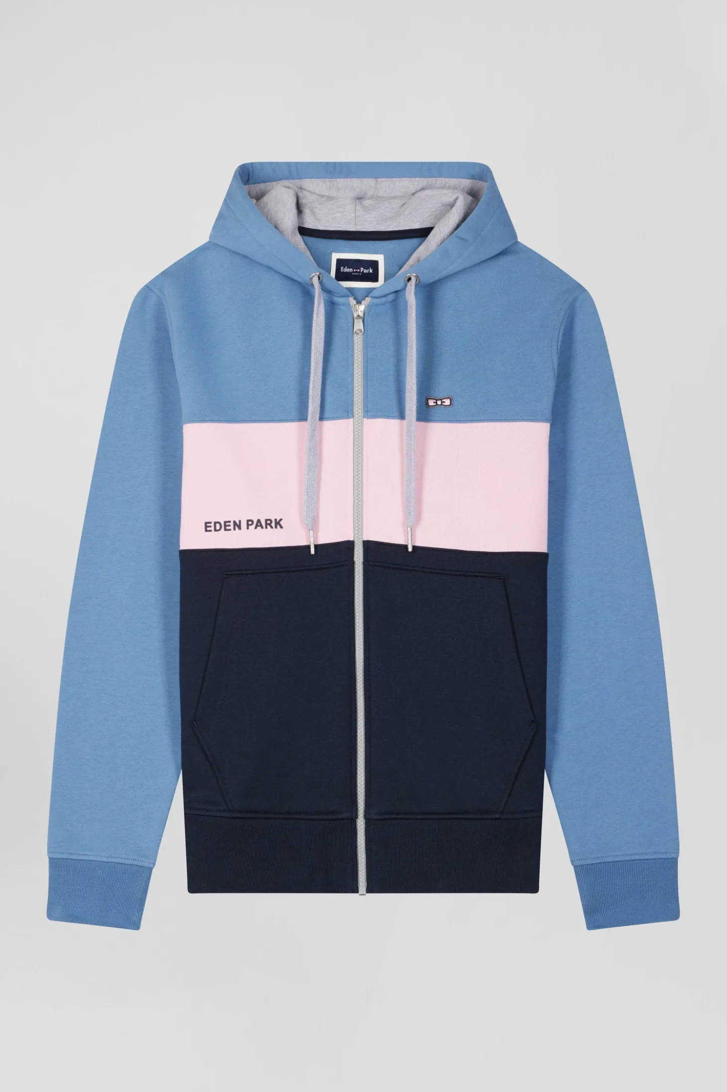 Sweatshirt à capuche zippé colorblock en coton bleu coupe Regular