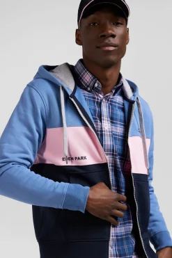 Sweatshirt à capuche zippé colorblock en coton bleu coupe Regular