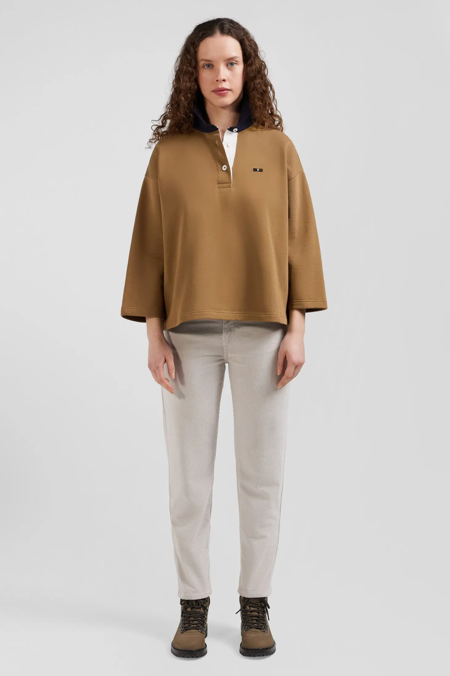 Sweatshirt à col maillot en coton camel coupe Relaxed