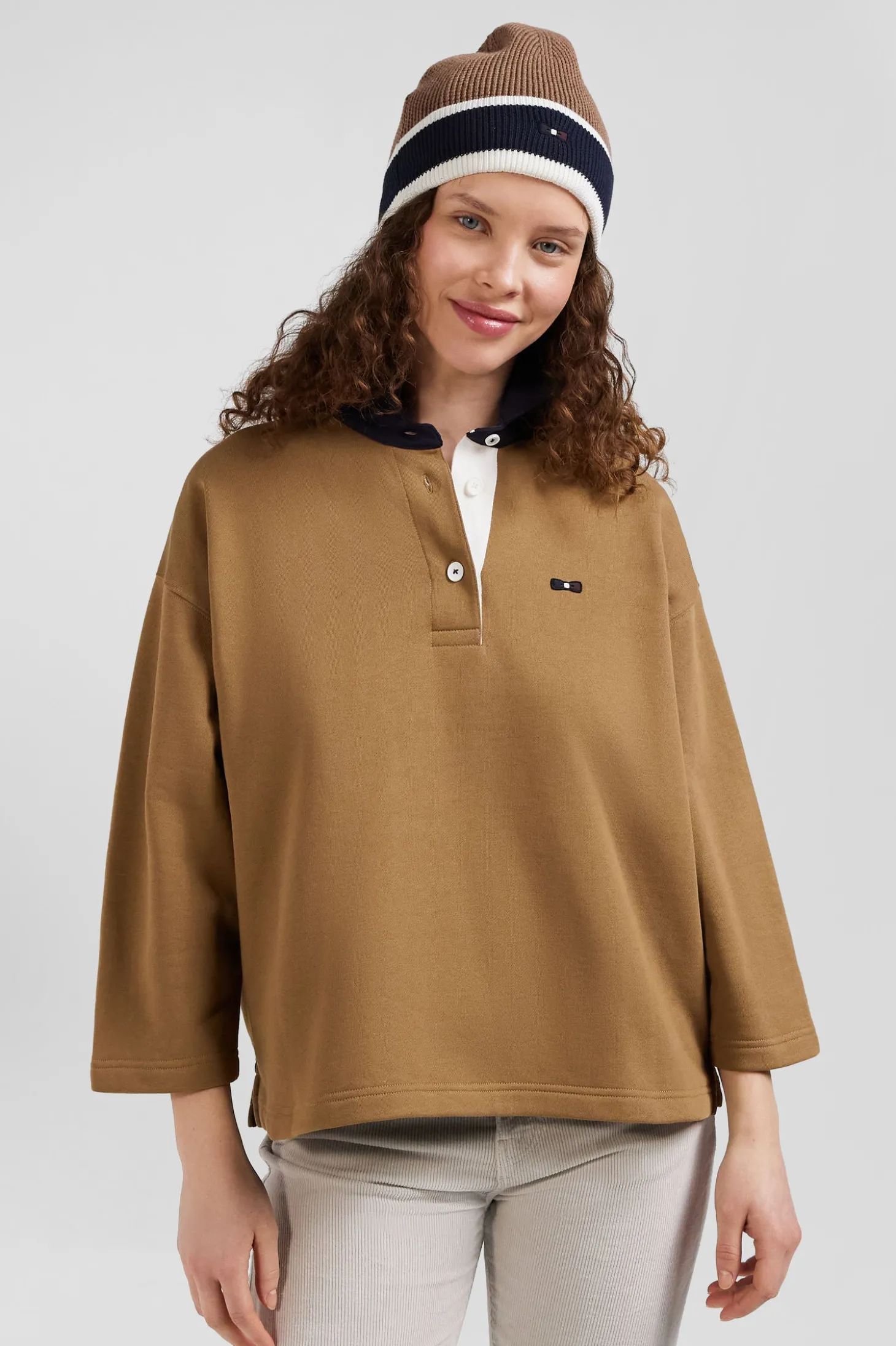 Sweatshirt à col maillot en coton camel coupe Relaxed