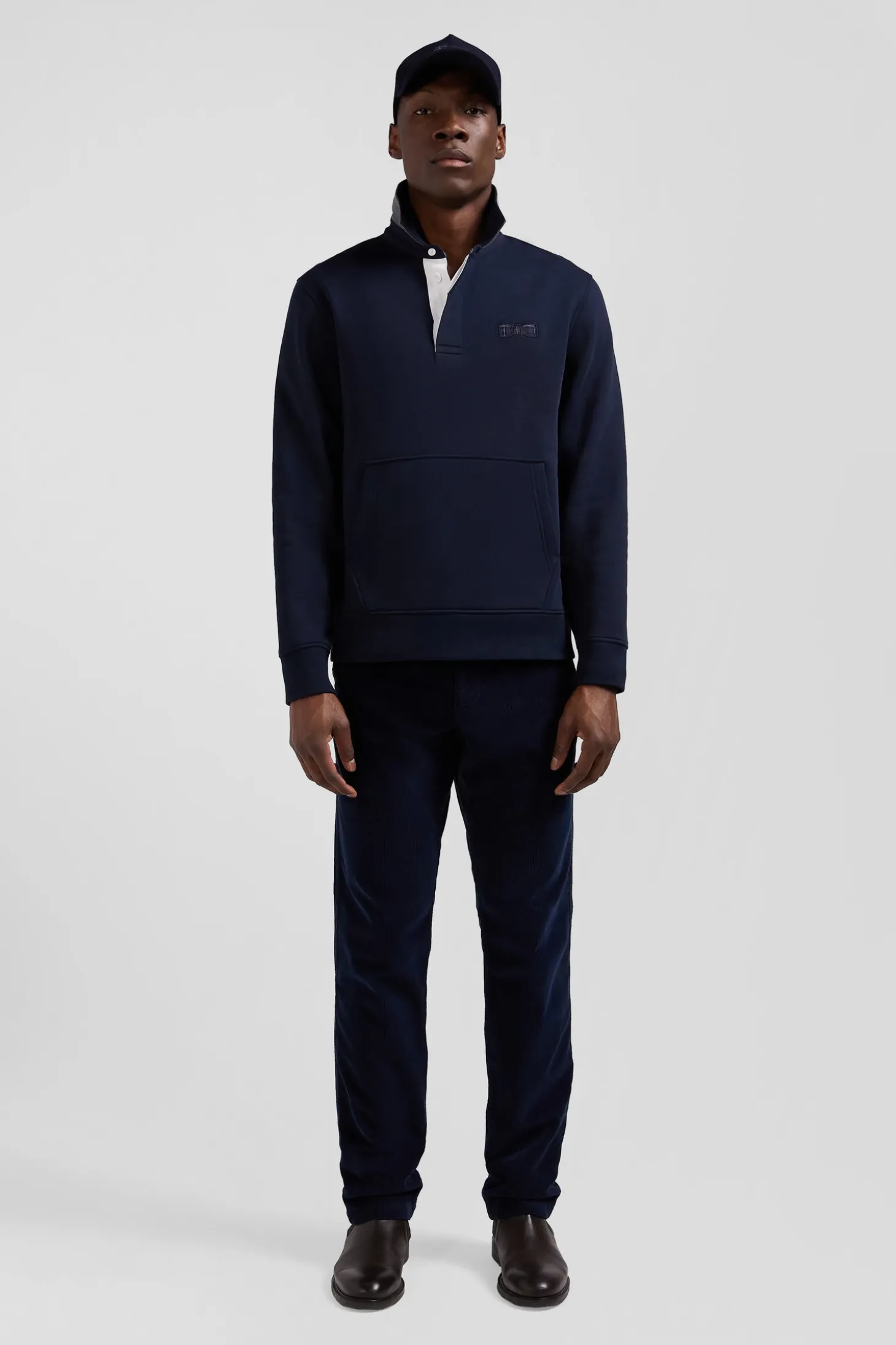 Sweatshirt col maillot en coton mélangé bleu marine coupe Relaxed application tissus carreaux