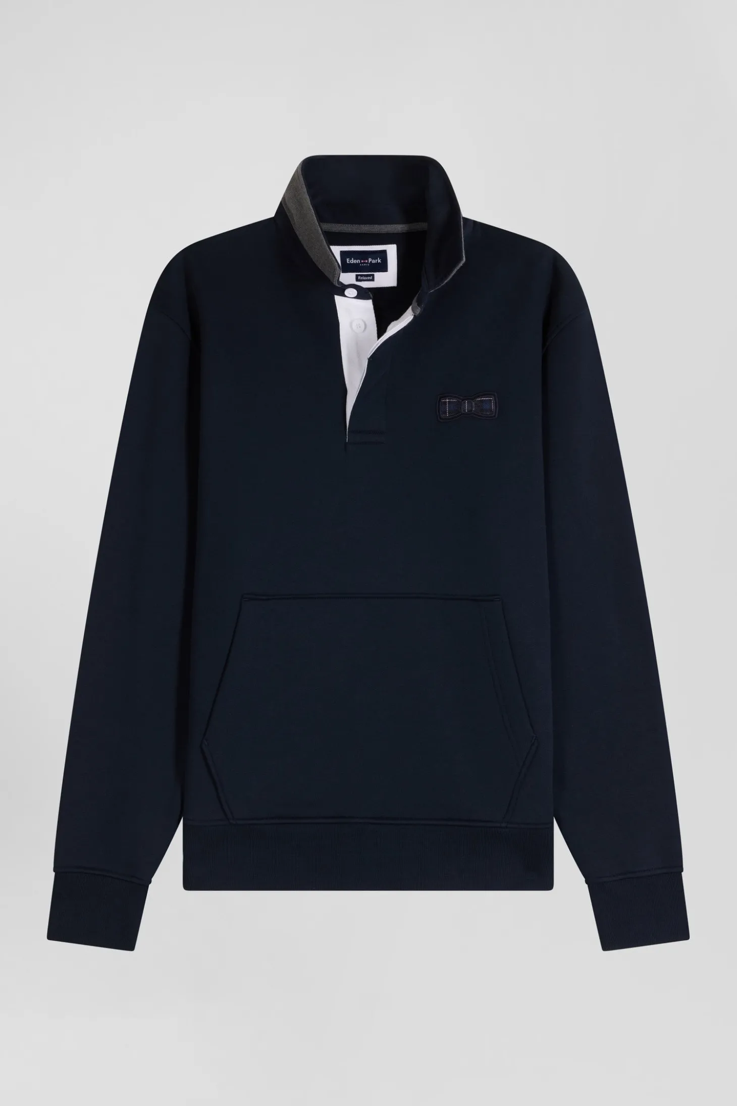 Sweatshirt col maillot en coton mélangé bleu marine coupe Relaxed application tissus carreaux