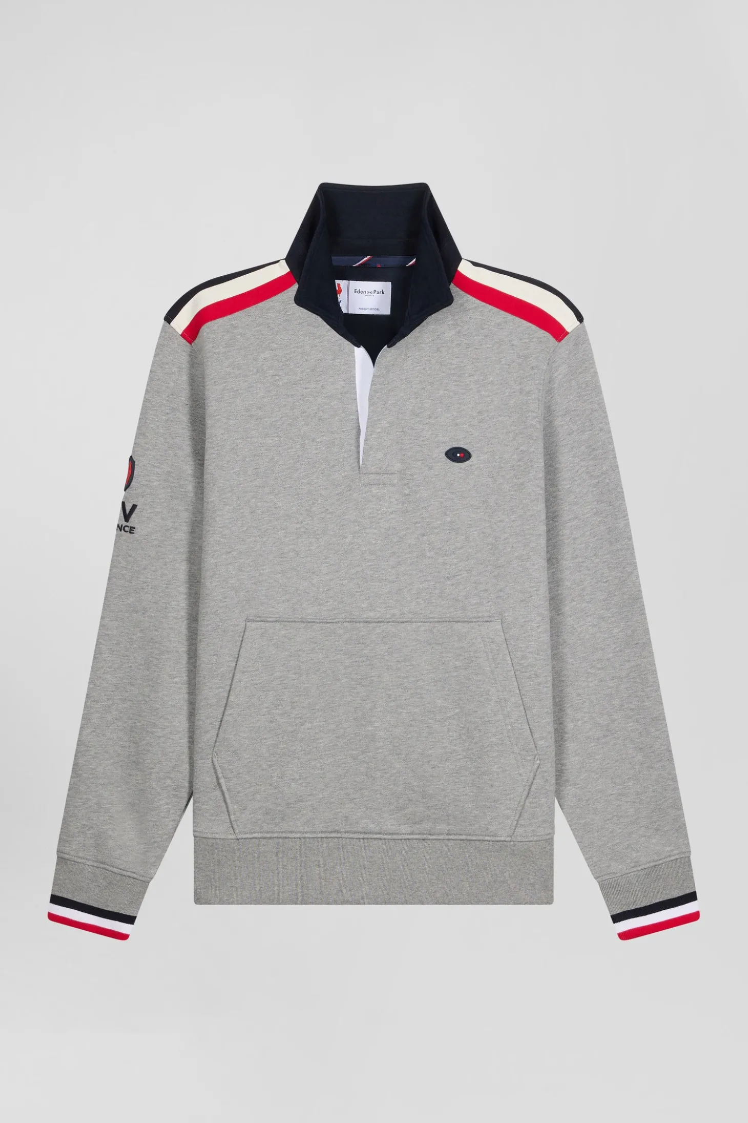 Sweatshirt col maillot en coton gris chiné broderie XV de France coupe Regular