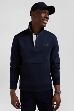 Sweatshirt col maillot en coton mélangé bleu marine coupe Relaxed application tissus carreaux