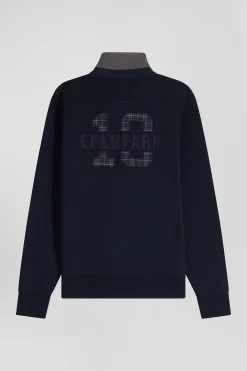 Sweatshirt col maillot en coton mélangé bleu marine coupe Relaxed application tissus carreaux