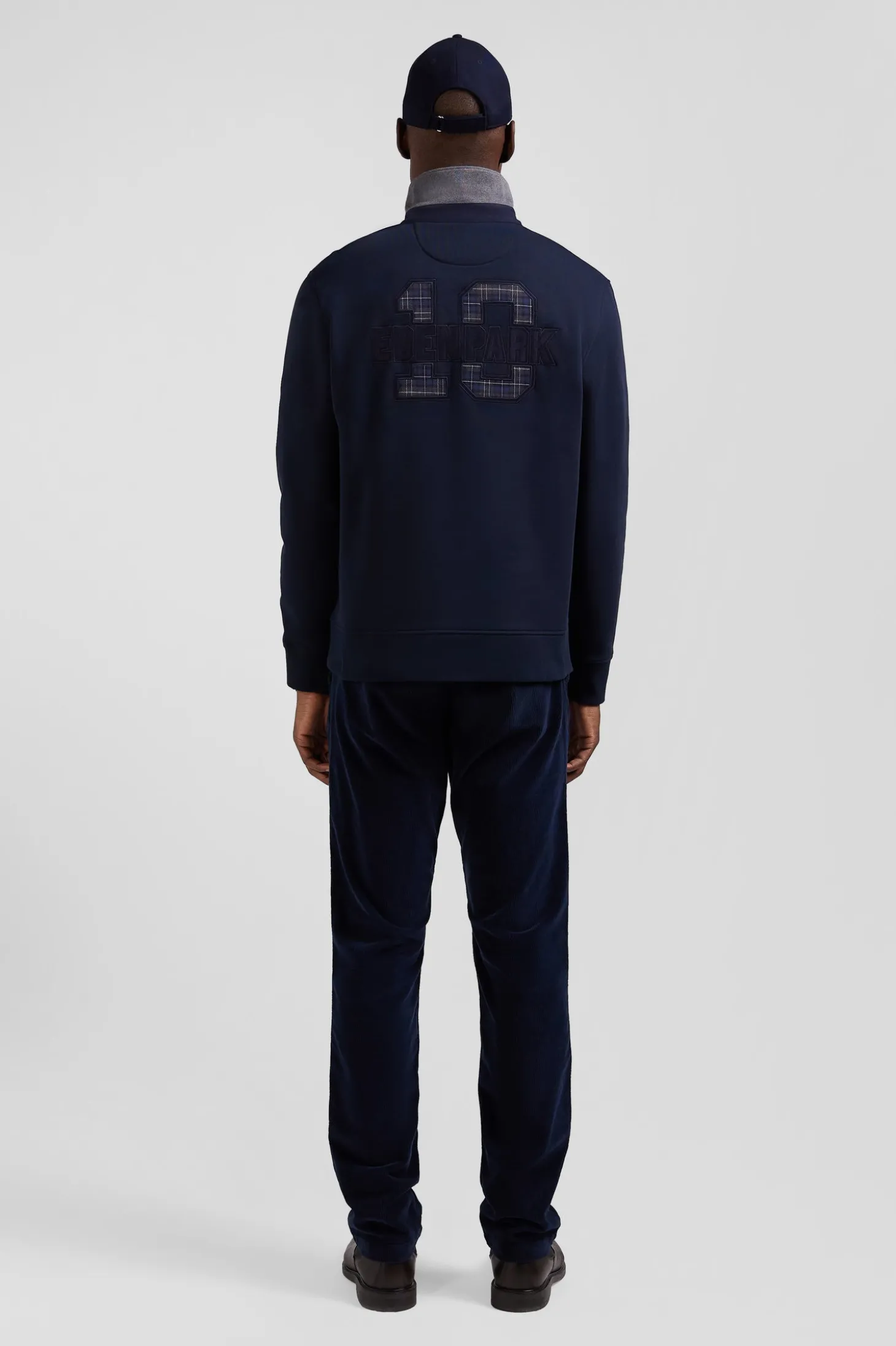 Sweatshirt col maillot en coton mélangé bleu marine coupe Relaxed application tissus carreaux