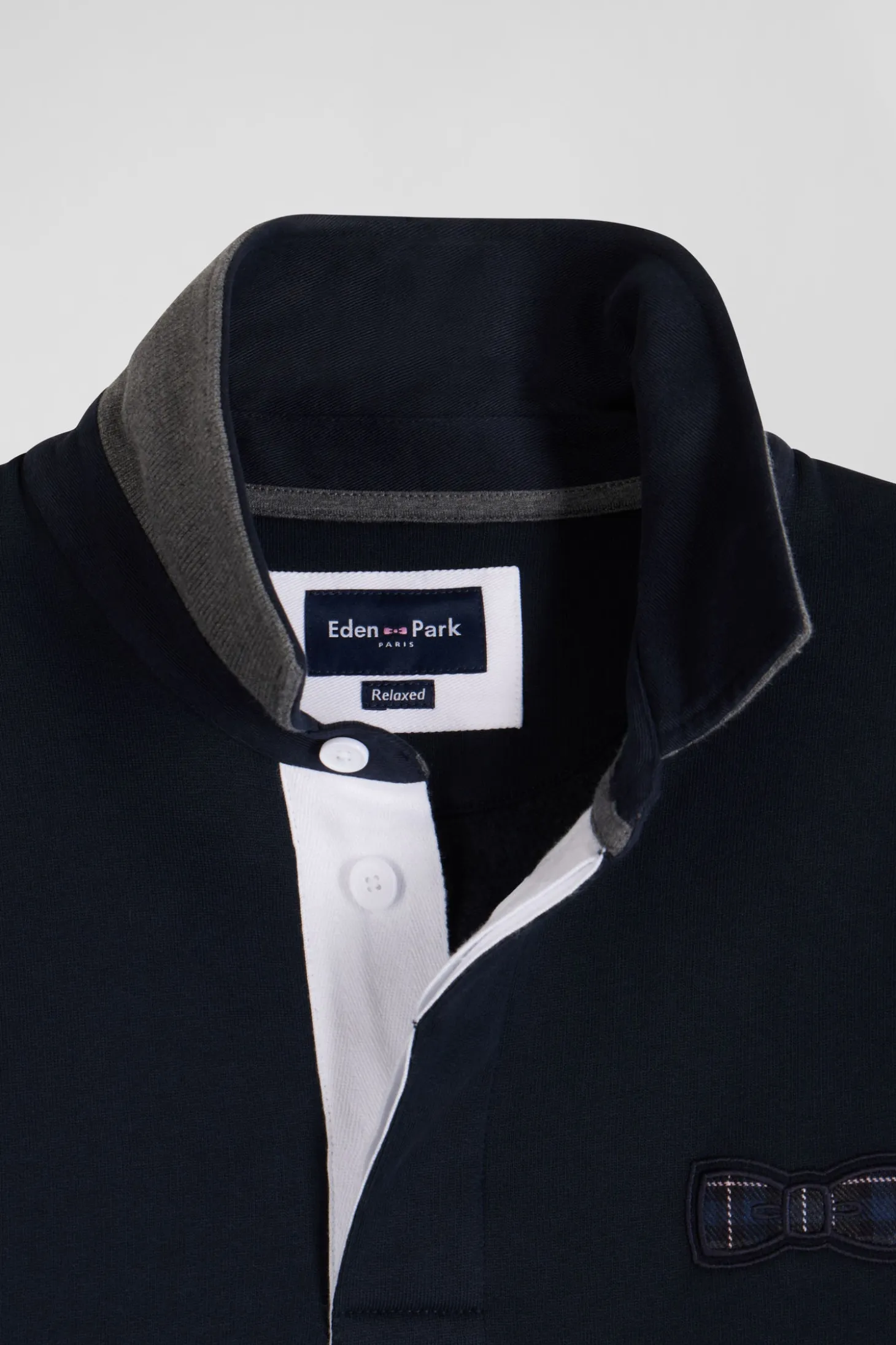 Sweatshirt col maillot en coton mélangé bleu marine coupe Relaxed application tissus carreaux