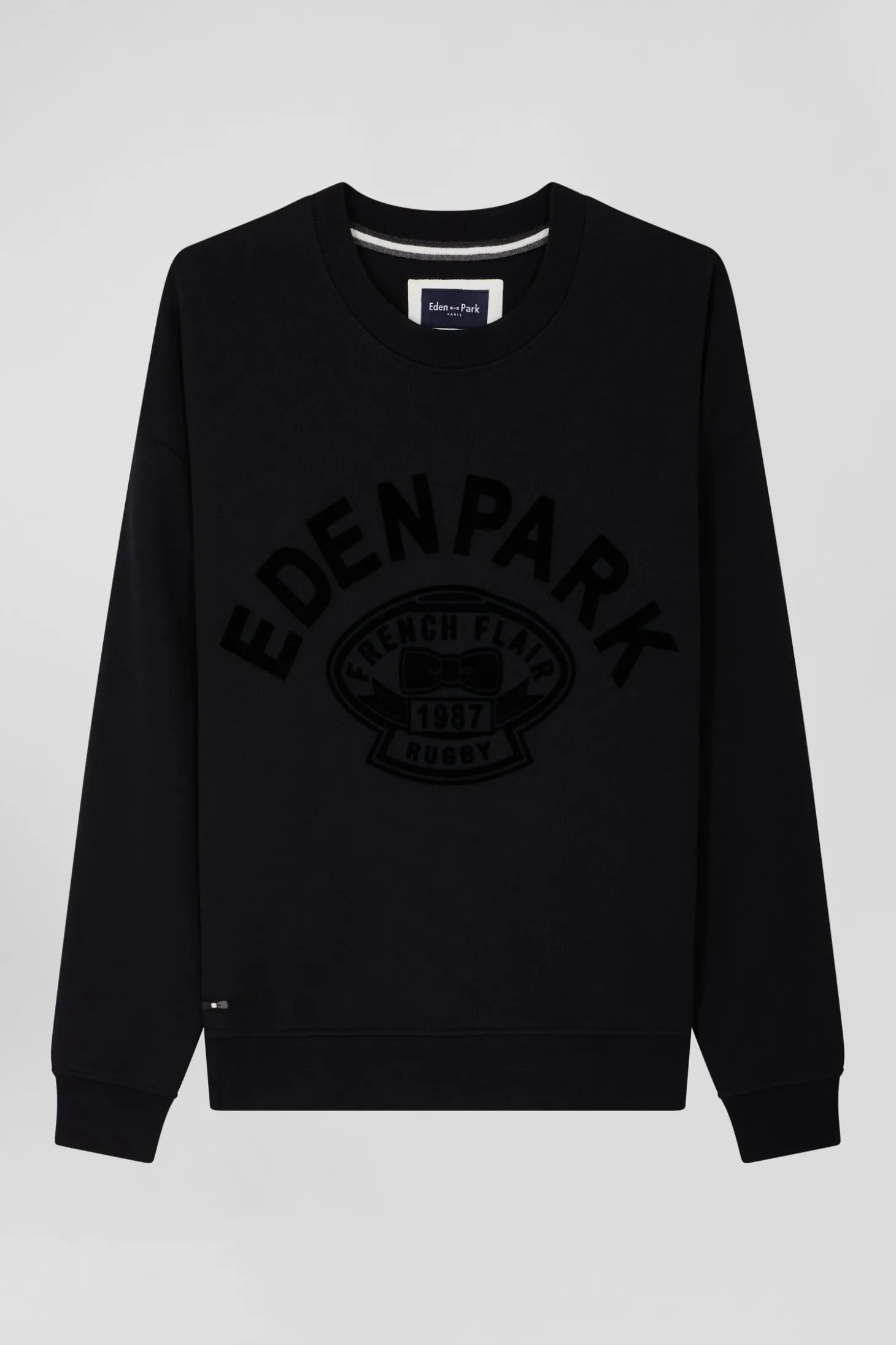 Sweatshirt en coton noir à impression velours floqué coupe Relaxed