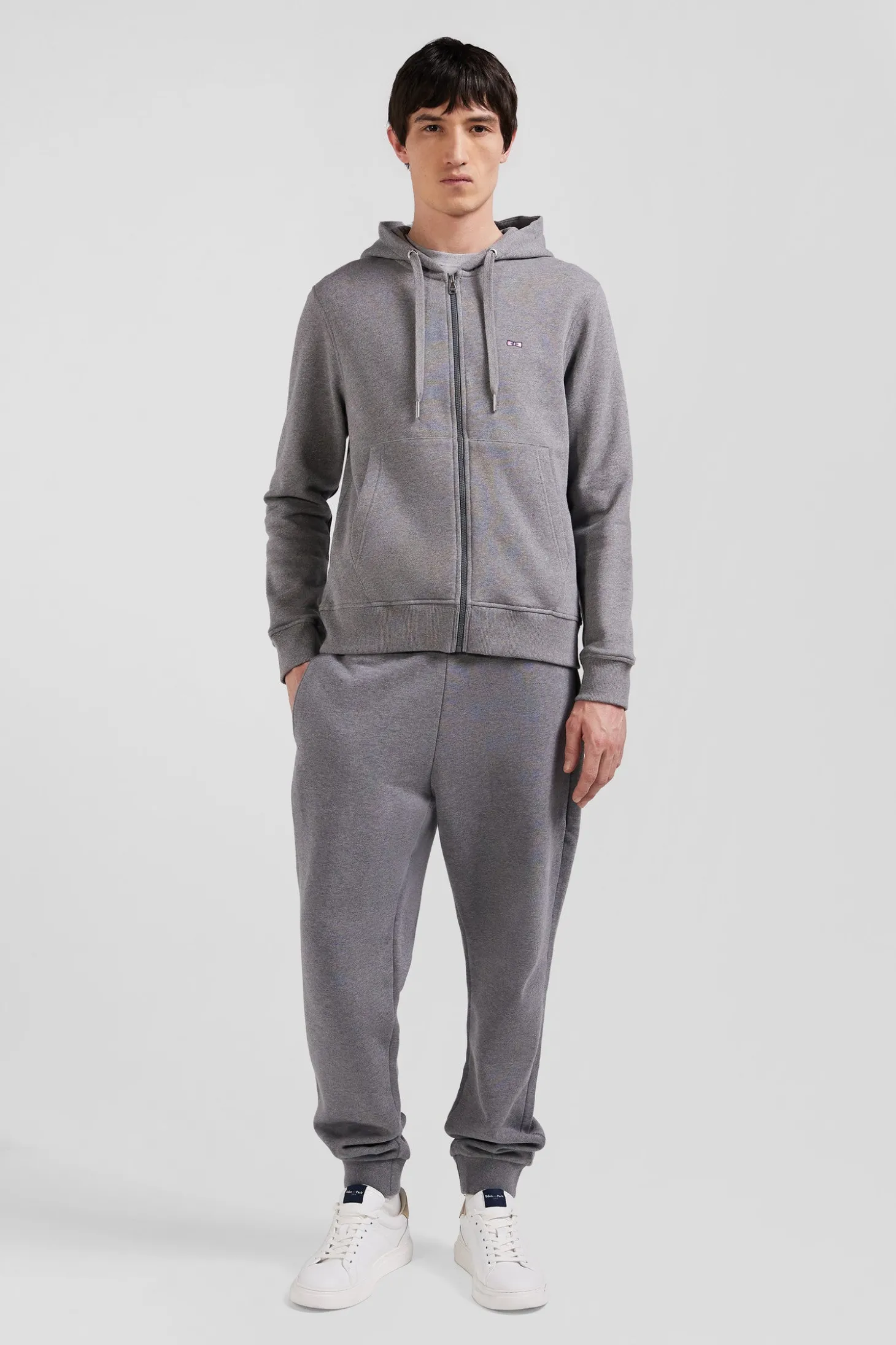 Sweatshirt zippé à capuche en molleton coton gris coupe Regular