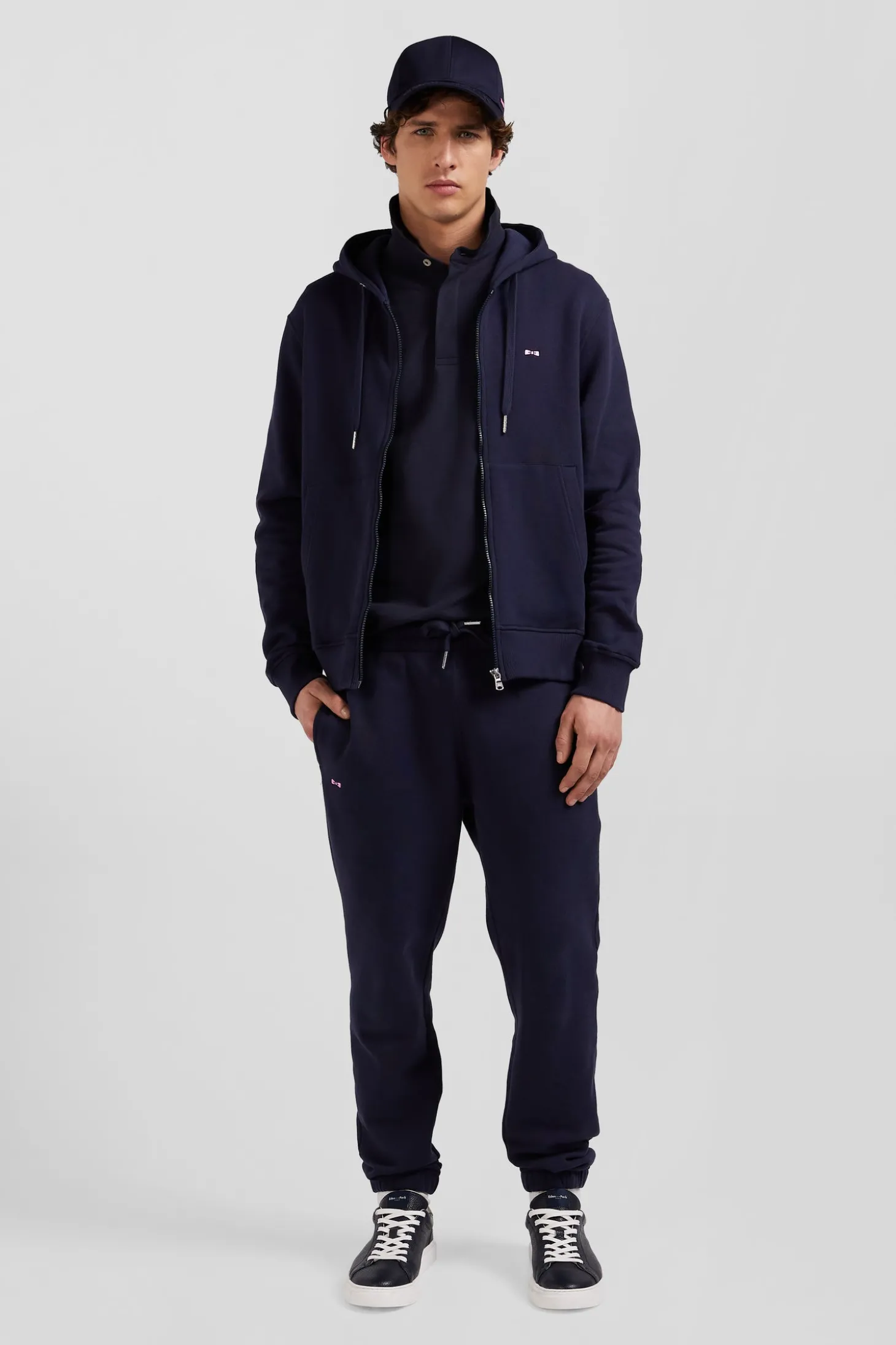 Sweatshirt zippé à capuche en molleton coton bleu marine coupe Regular