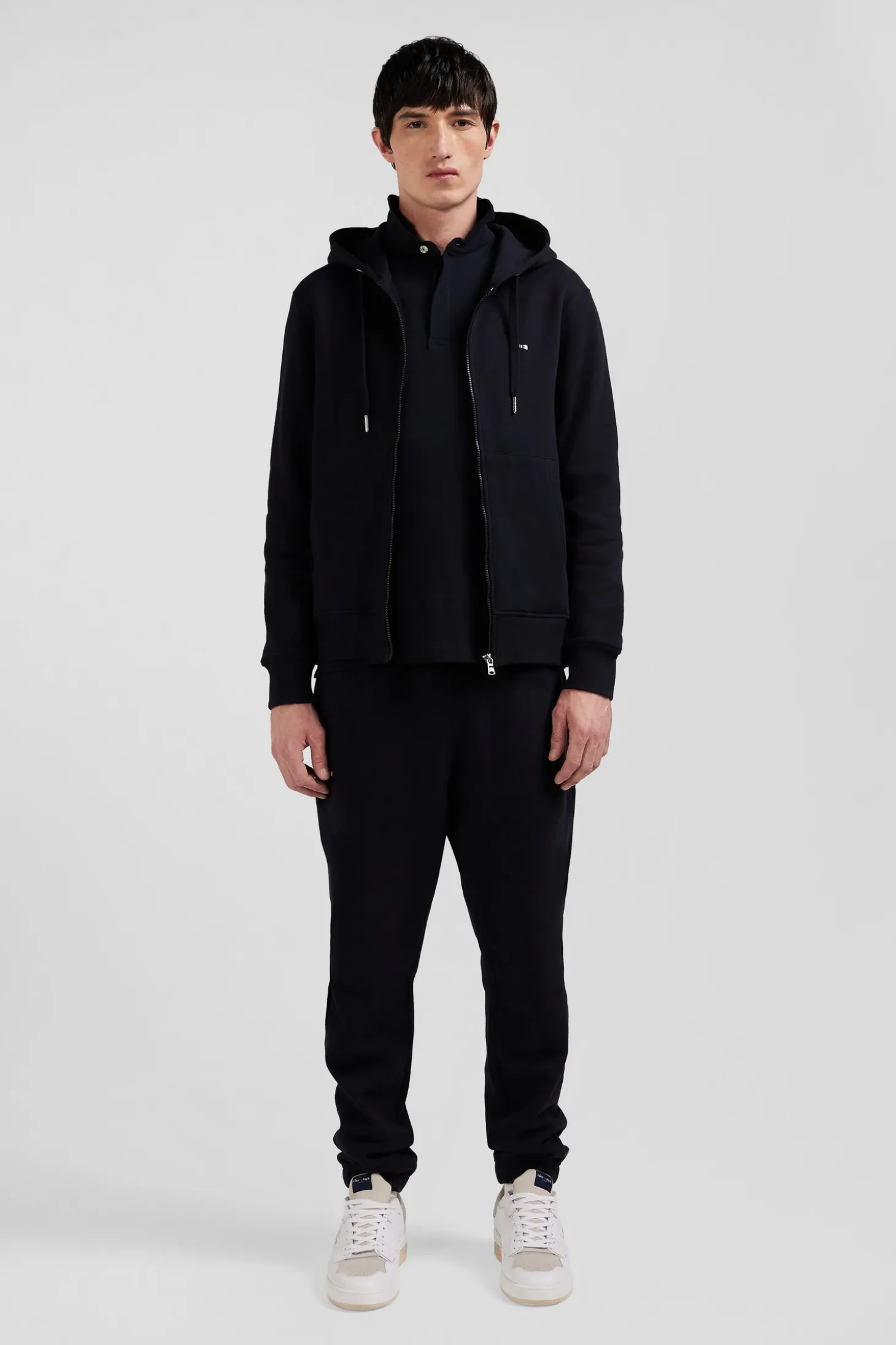 Sweatshirt zippé à capuche en molleton coton noir coupe Regular