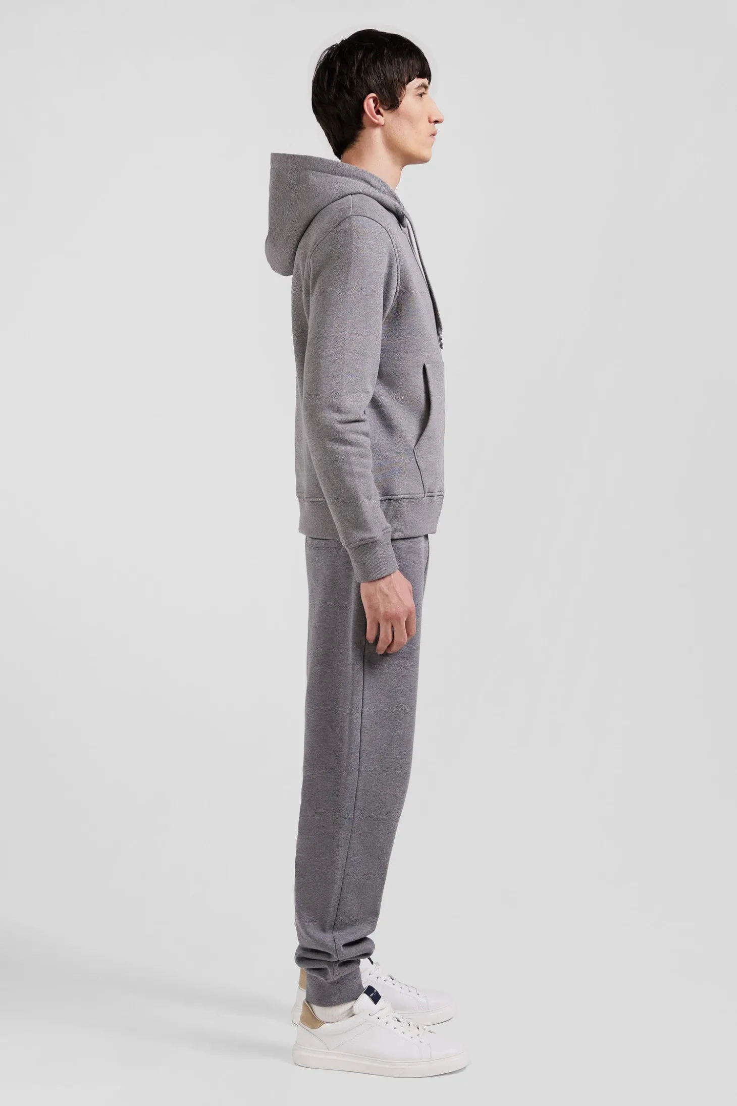 Sweatshirt zippé à capuche en molleton coton gris coupe Regular