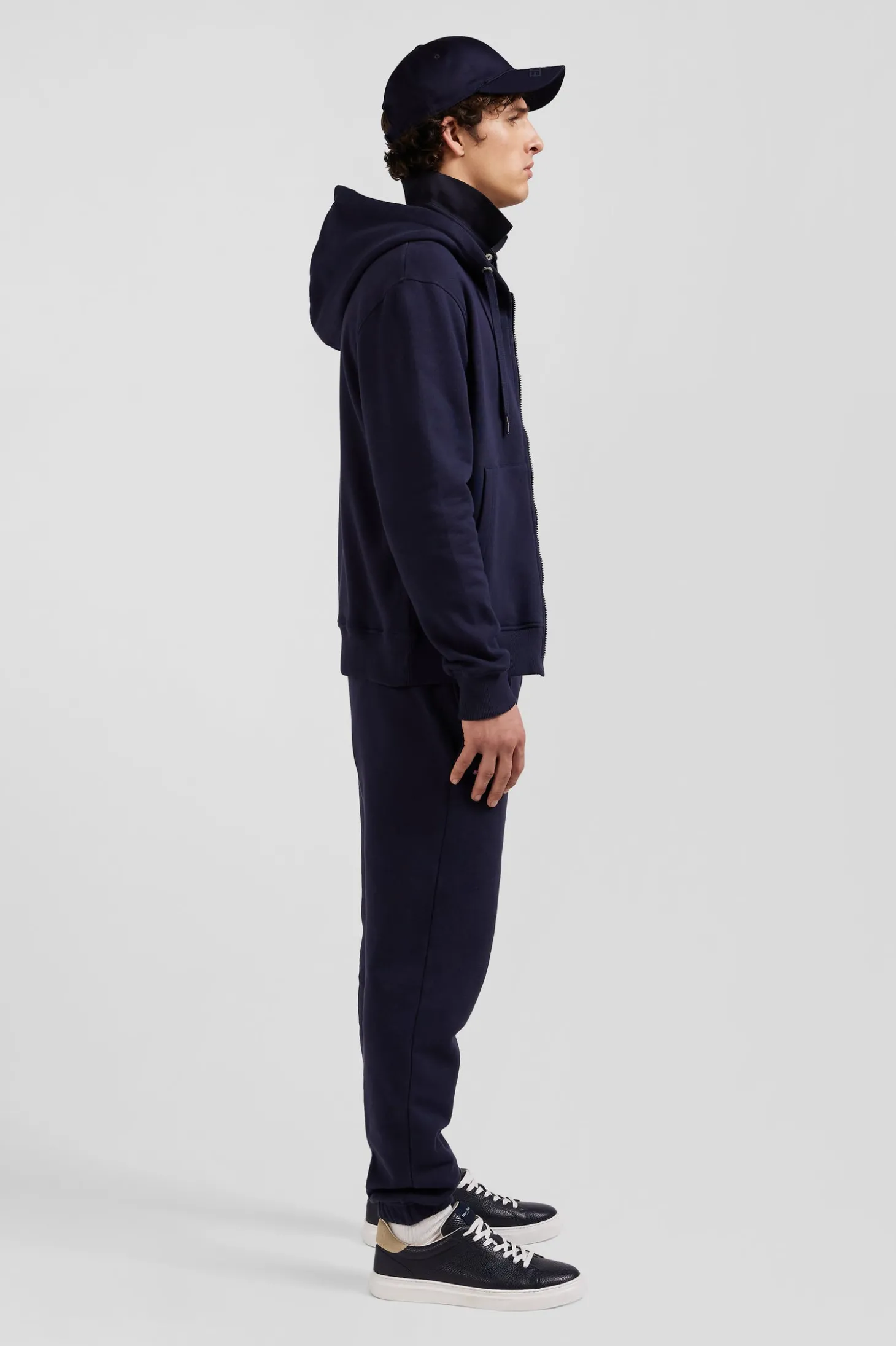 Sweatshirt zippé à capuche en molleton coton bleu marine coupe Regular