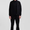 Sweatshirt zippé à col montant en molleton coton uni noir coupe Regular