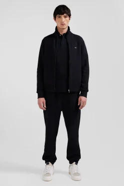 Sweatshirt zippé à col montant en molleton coton uni noir coupe Regular