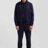 Sweatshirt zippé à col montant en molleton coton uni bleu marine coupe Regular