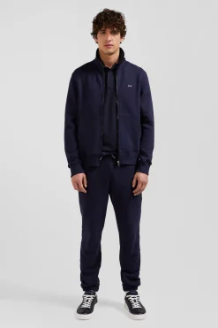 Sweatshirt zippé à col montant en molleton coton uni bleu marine coupe Regular
