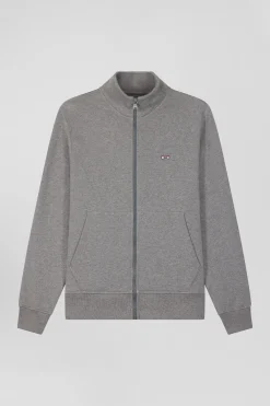 Sweatshirt zippé à col montant en molleton coton uni gris coupe Regular