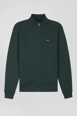 Sweatshirt zippé à col montant en molleton coton uni vert coupe Regular