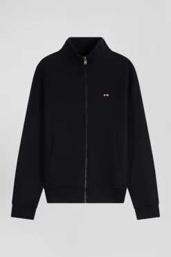 Sweatshirt zippé à col montant en molleton coton uni noir coupe Regular