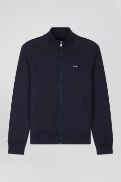 Sweatshirt zippé à col montant en molleton coton uni bleu marine coupe Regular
