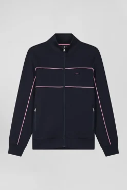 Sweatshirt zippé à col montant bleu marine passepoil rose coupe Regular