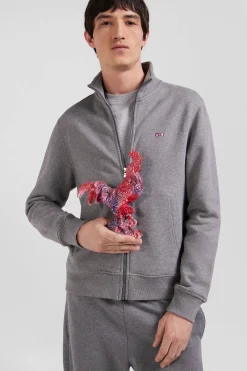 Sweatshirt zippé à col montant en molleton coton uni gris coupe Regular