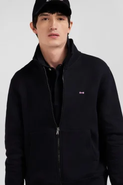 Sweatshirt zippé à col montant en molleton coton uni noir coupe Regular