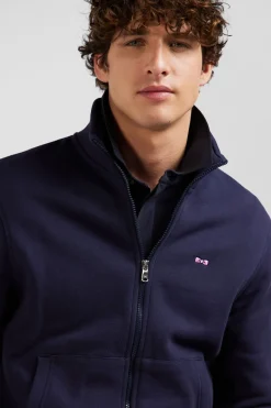 Sweatshirt zippé à col montant en molleton coton uni bleu marine coupe Regular