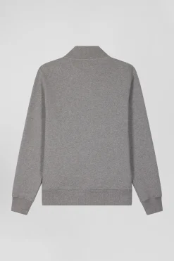Sweatshirt zippé à col montant en molleton coton uni gris coupe Regular