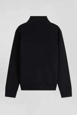 Sweatshirt zippé à col montant en molleton coton uni noir coupe Regular