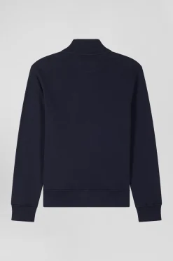Sweatshirt zippé à col montant en molleton coton uni bleu marine coupe Regular
