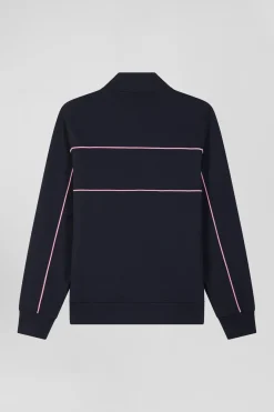 Sweatshirt zippé à col montant bleu marine passepoil rose coupe Regular