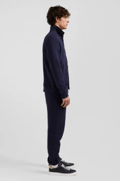 Sweatshirt zippé à col montant en molleton coton uni bleu marine coupe Regular