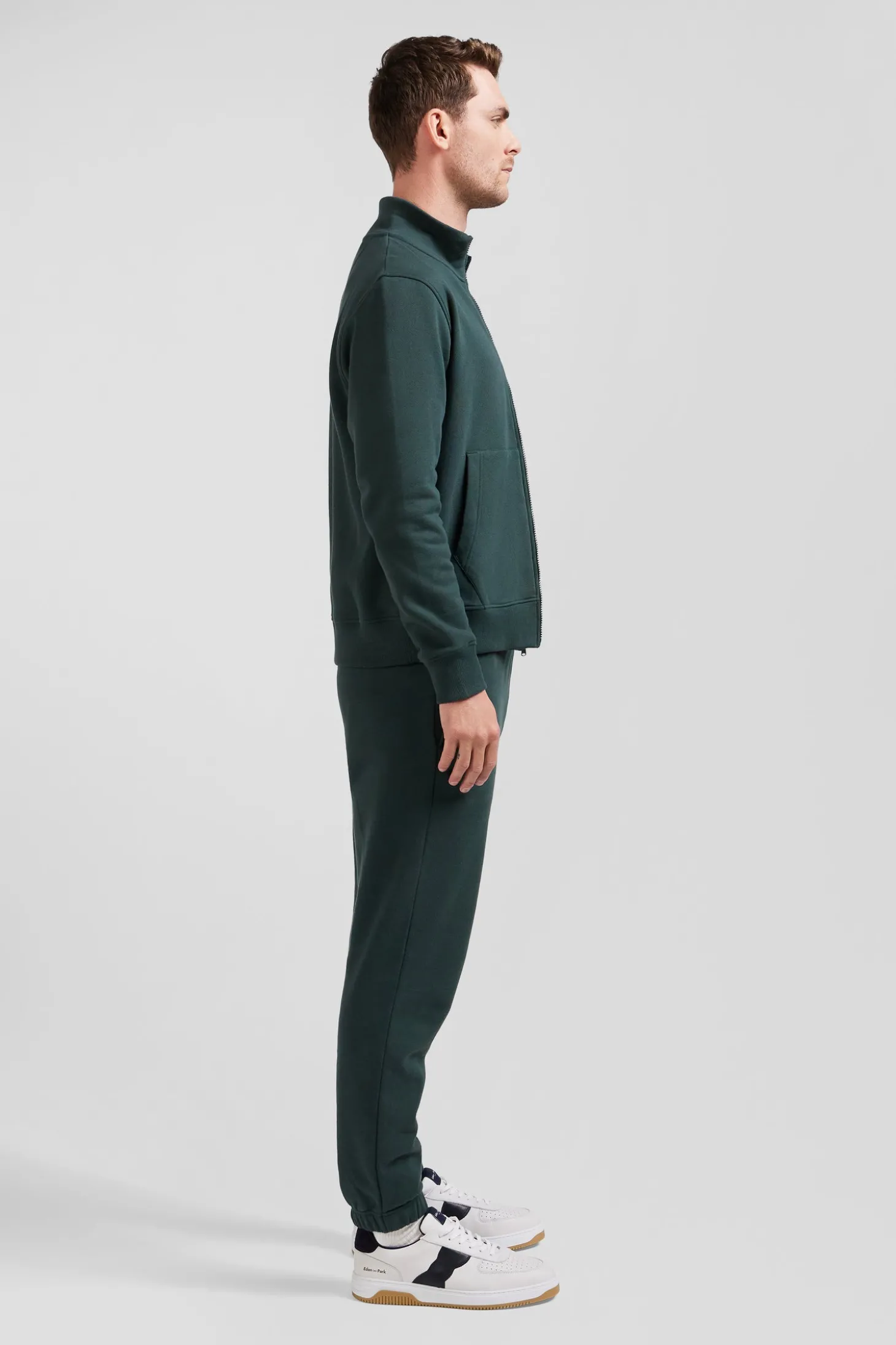 Sweatshirt zippé à col montant en molleton coton uni vert coupe Regular