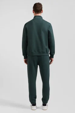 Sweatshirt zippé à col montant en molleton coton uni vert coupe Regular