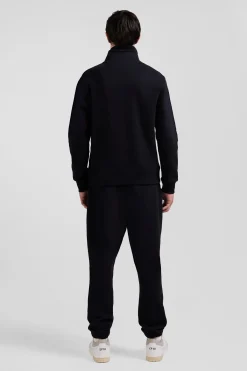 Sweatshirt zippé à col montant en molleton coton uni noir coupe Regular