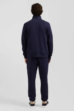 Sweatshirt zippé à col montant en molleton coton uni bleu marine coupe Regular